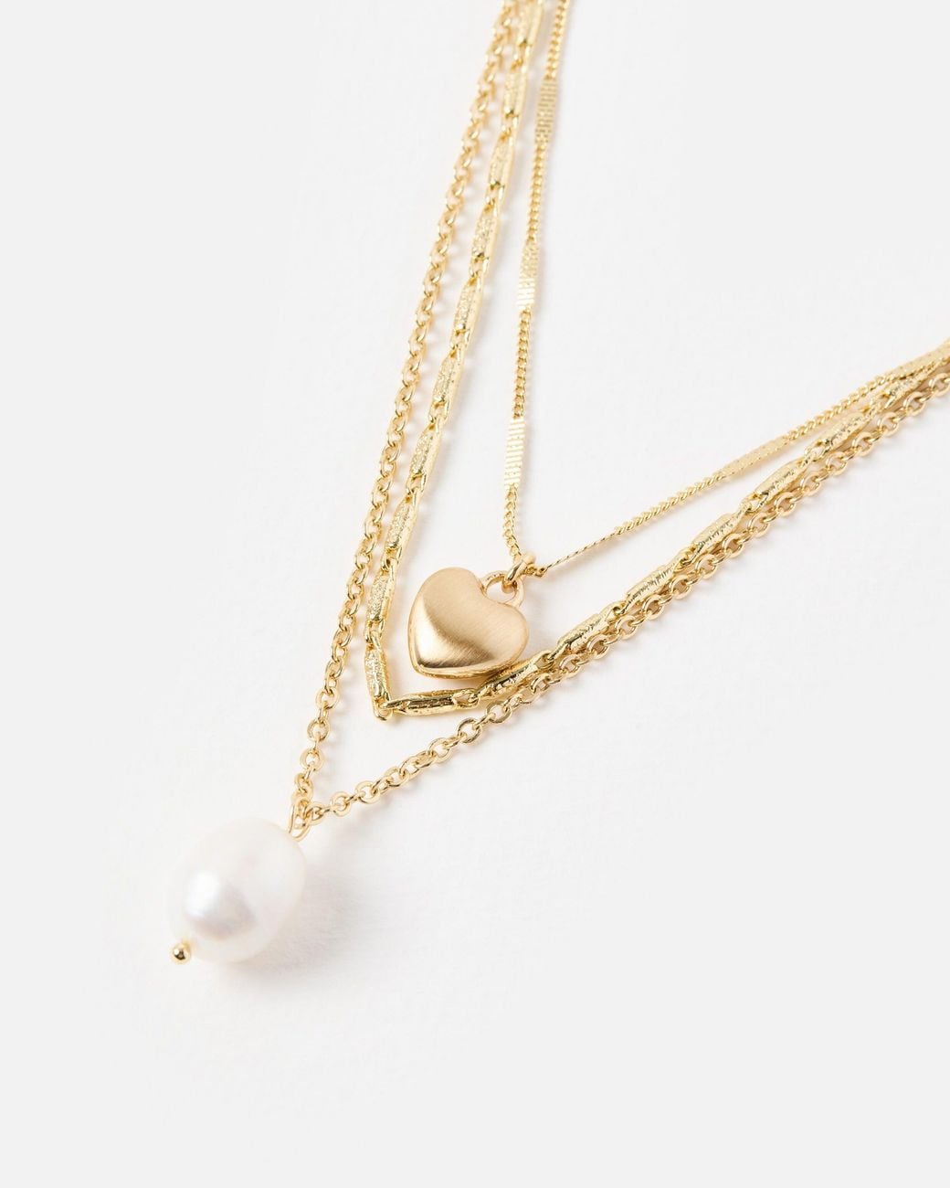 Oliver Bonas White Paige Freshwater Pearl & Heart Tone Triple Chain Necklace