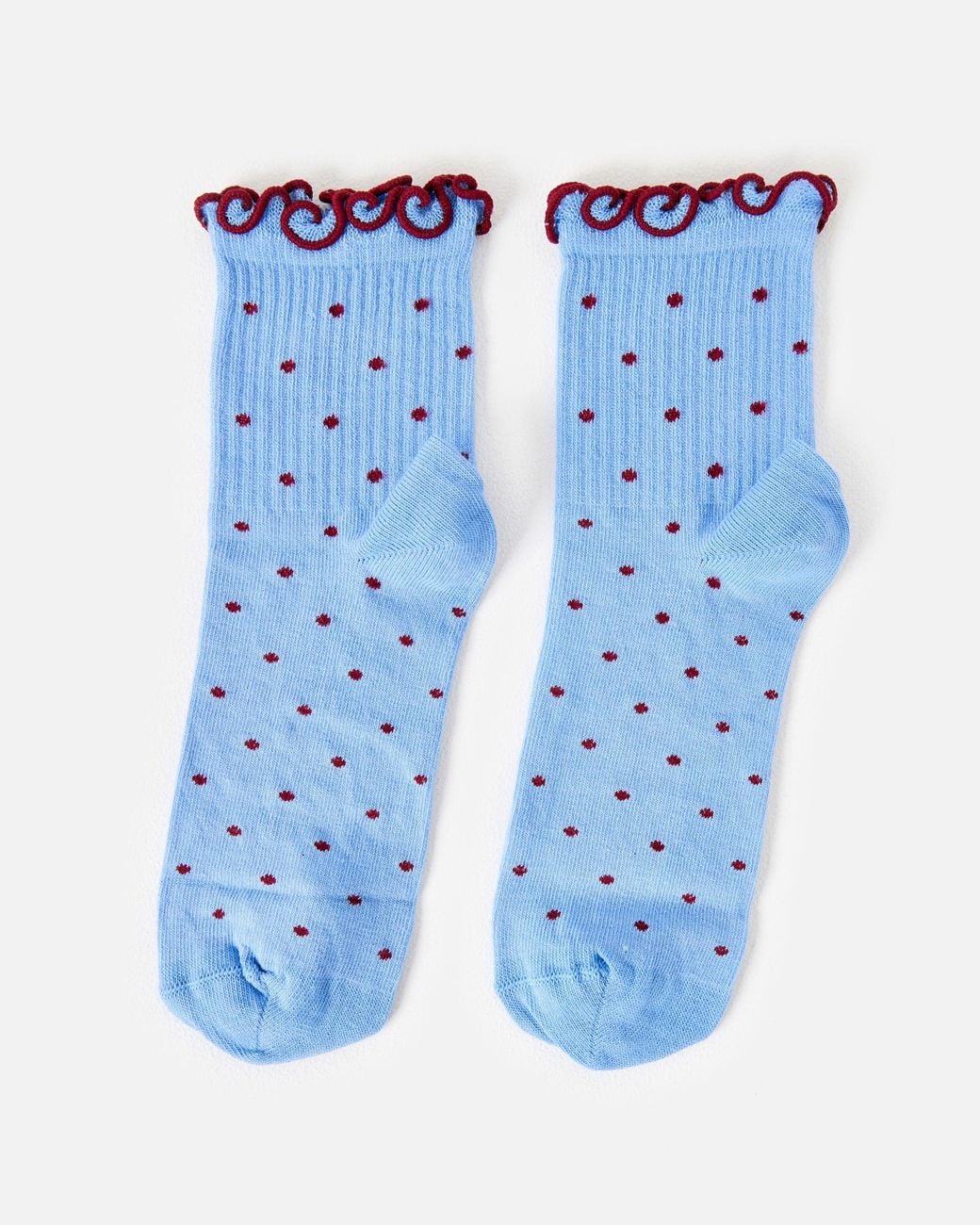 Oliver Bonas Blue & Burgundy Polka Dot Lettuce Edge Ankle Socks