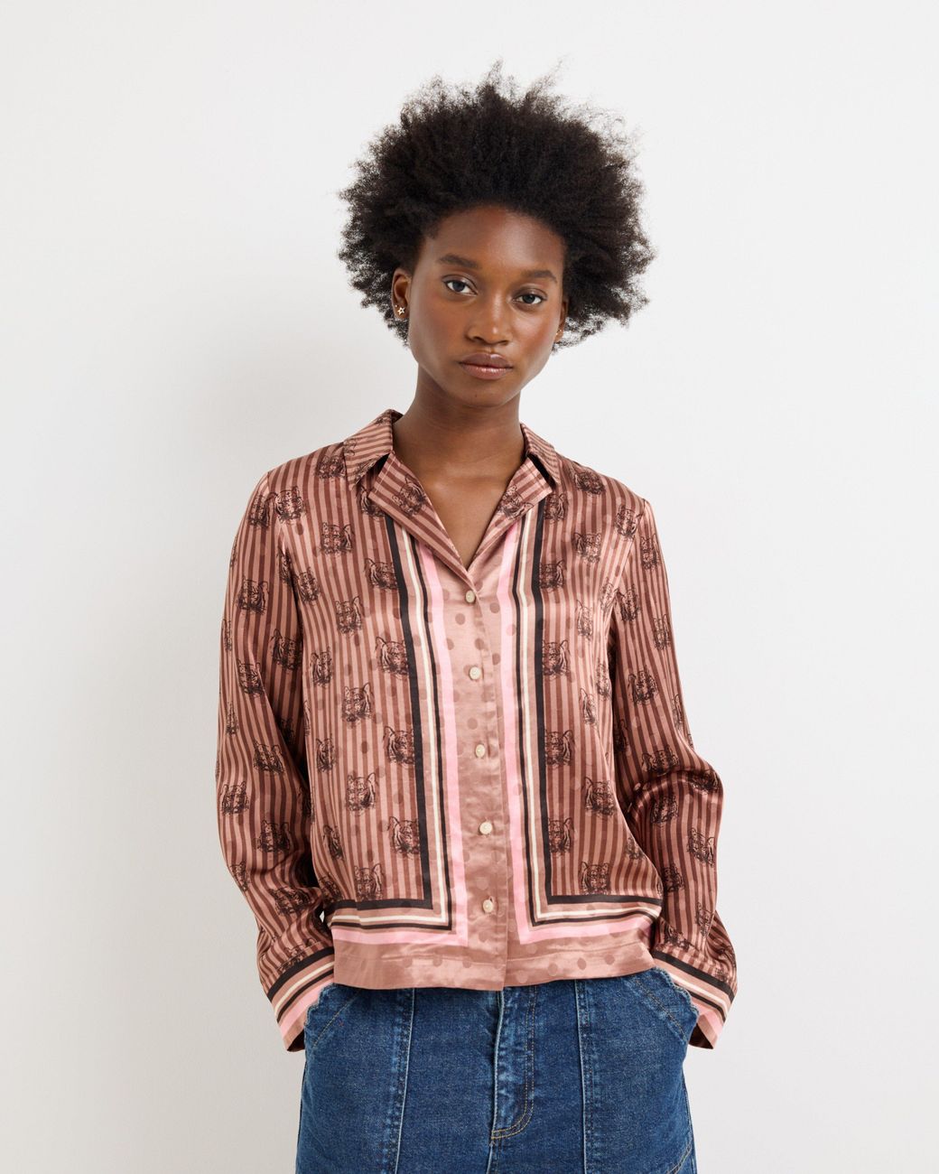 Oliver Bonas Brown Striped Tiger Button Up Blouse, Size 10