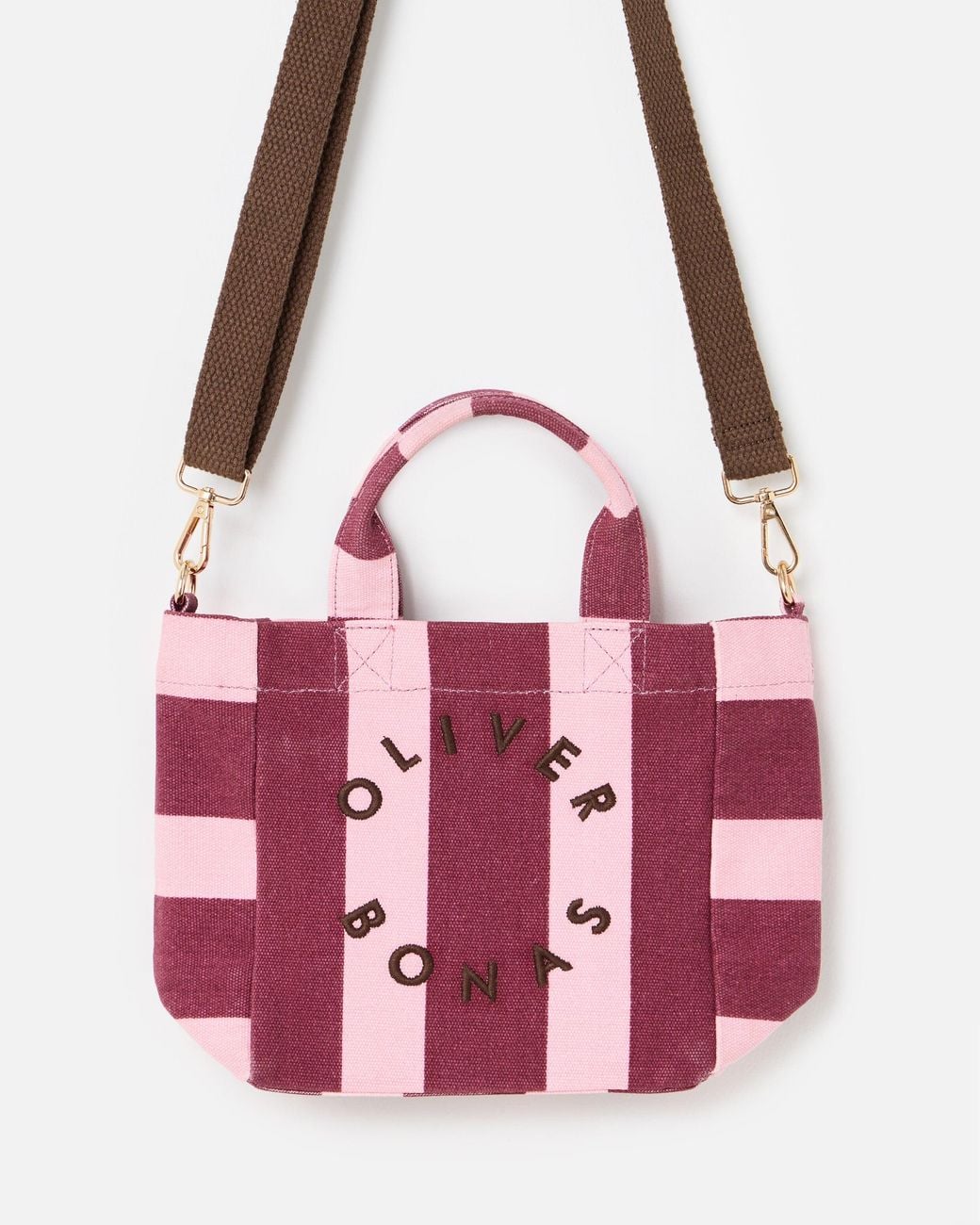 Oliver Bonas Burgundy & Pink Striped Logo Fabric Mini Tote Crossbody Bag