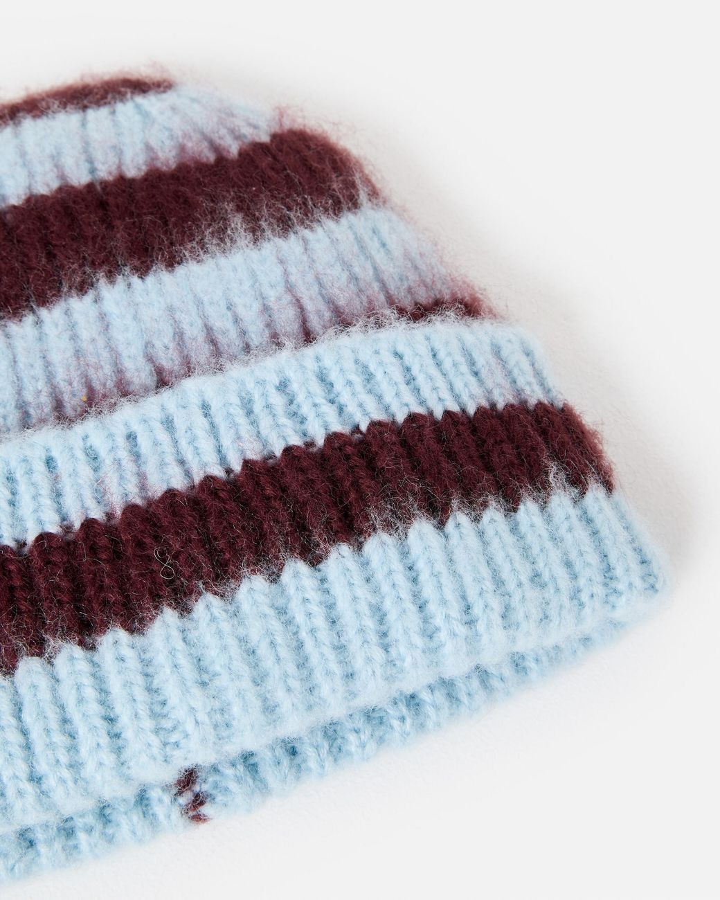 Oliver Bonas White Blue & Burgundy Striped Fluffy Knitted Beanie Hat
