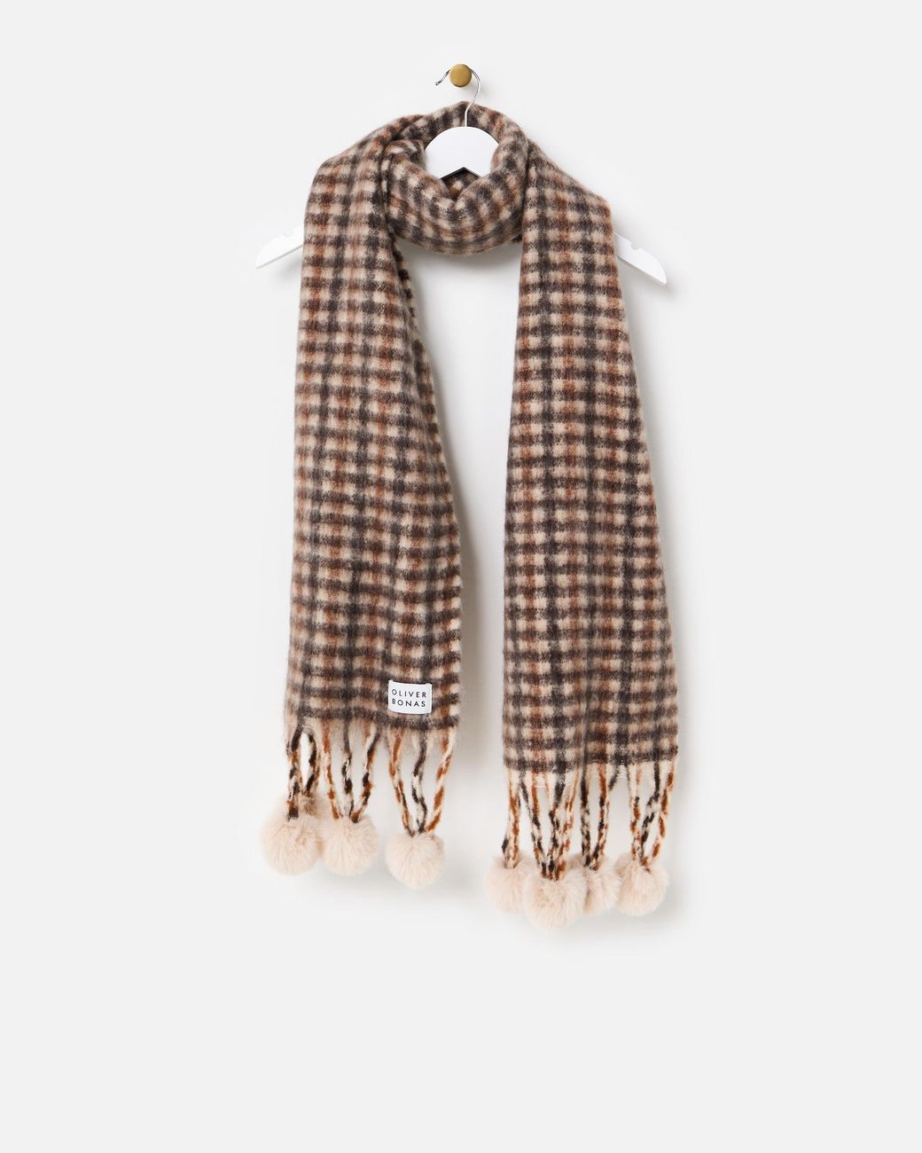 Oliver Bonas White Checked Pom Pom Heavyweight Scarf