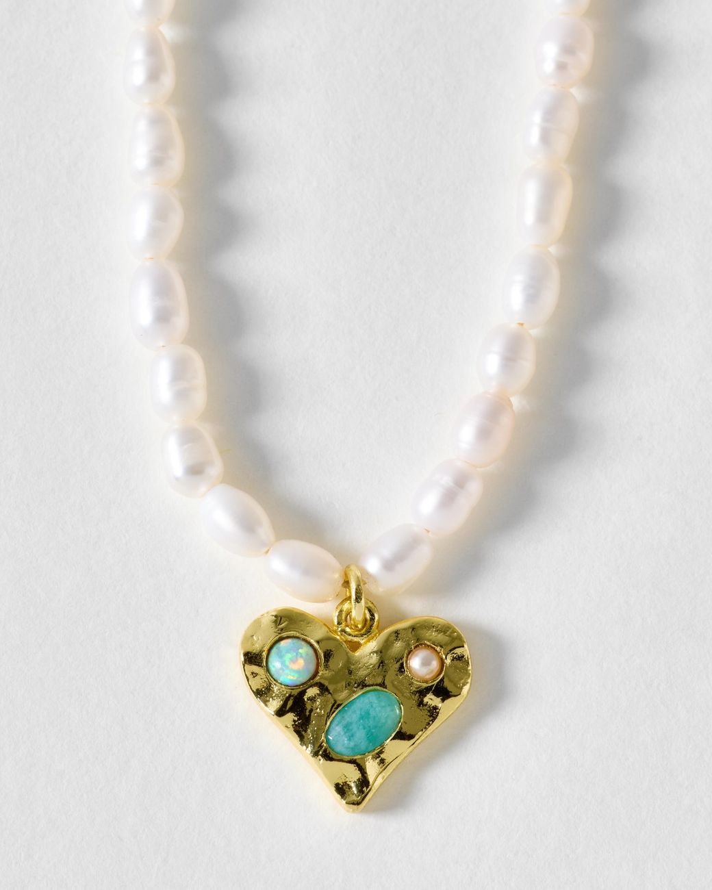 Oliver Bonas White Karina Triple Stone Inlay Heart Beaded Pearl Necklace