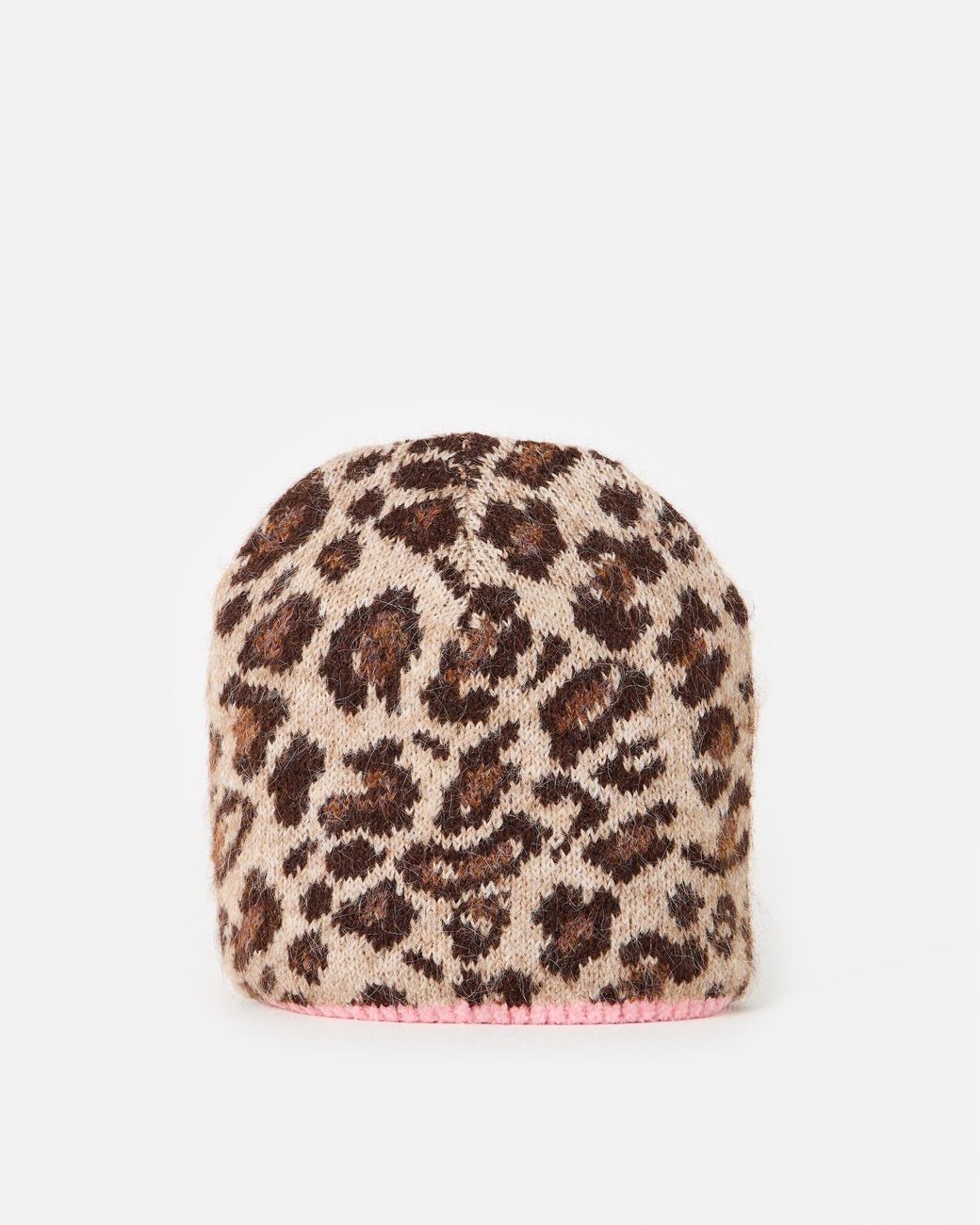 Oliver Bonas Brown Leopard Print & Pink Knitted Beanie Hat