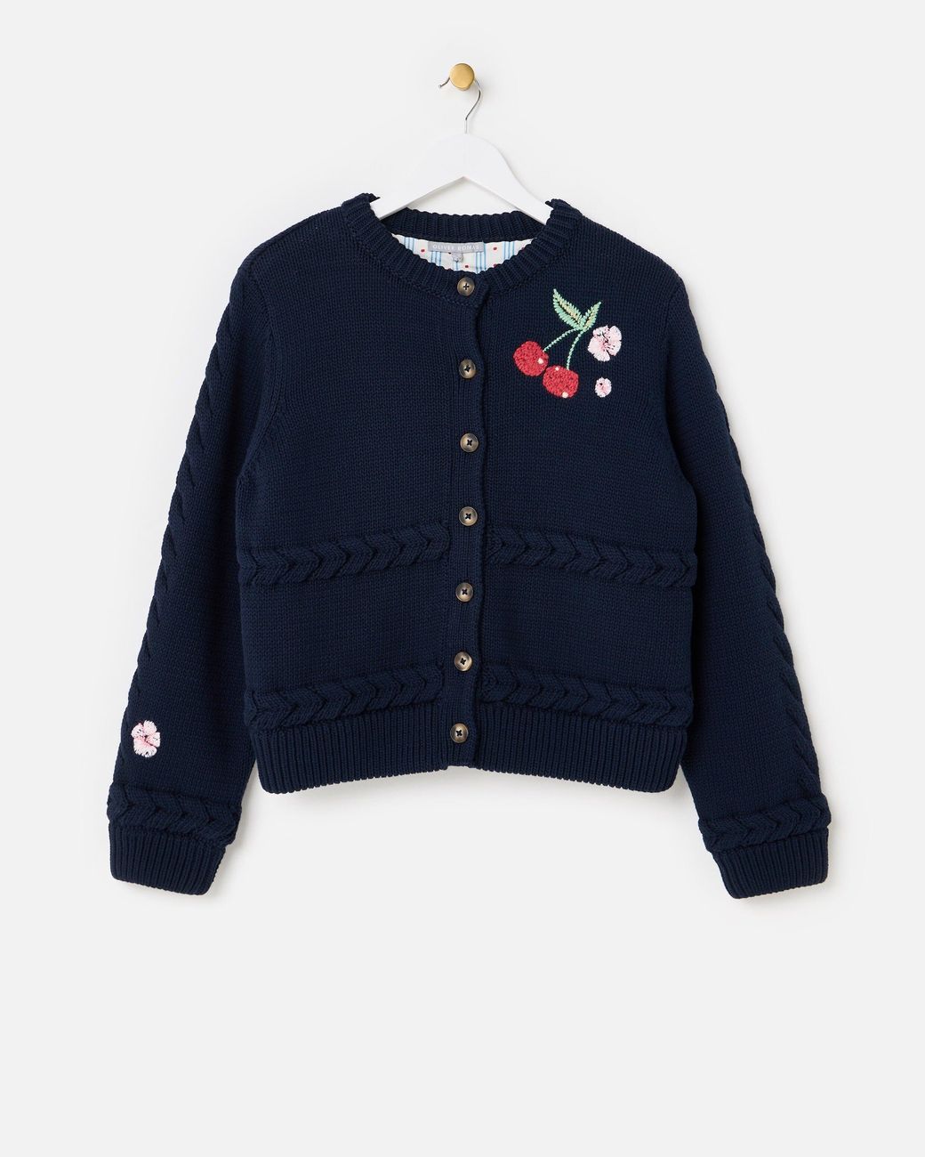 Oliver Bonas Blue Cherry Embroidered Lined Knitted Jacket, Size 10