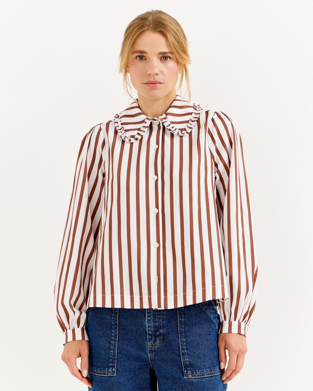 Oliver Bonas Red Mocha Brown & White Striped Frill Collar Cotton Shirt, Size 8