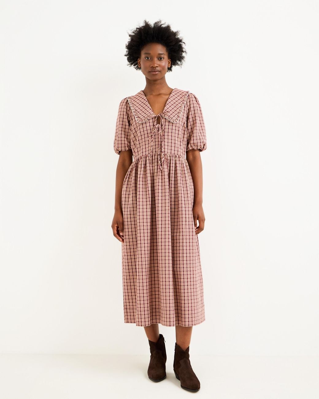 Oliver Bonas Pink & Brown Checked Frill Collar Tie Front Midi Dress, Size 10