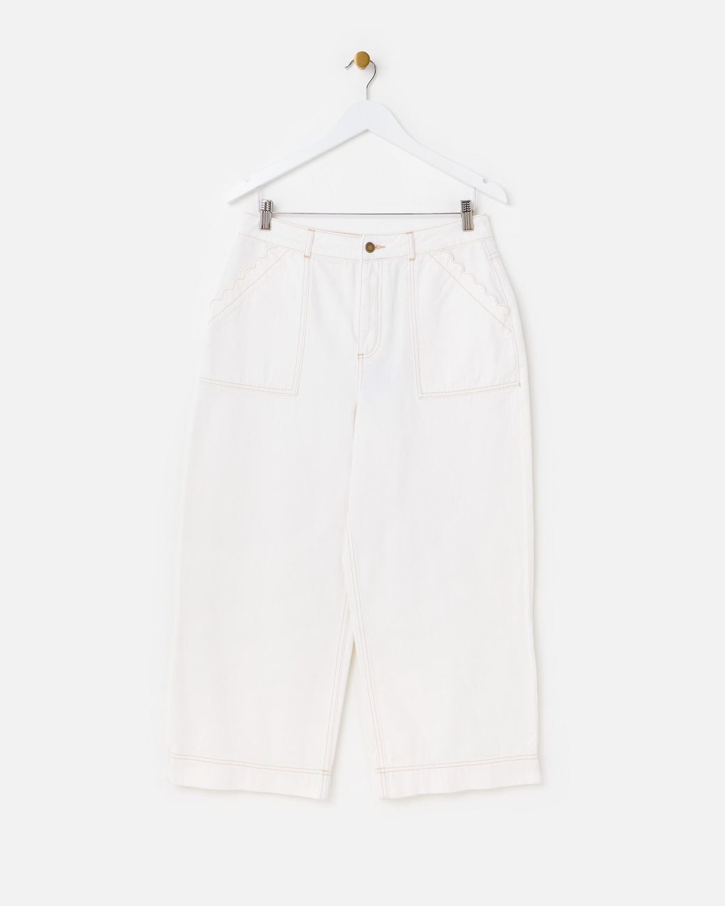 Oliver Bonas White Scalloped Pocket Cropped Wide Leg Jeans, Size 10