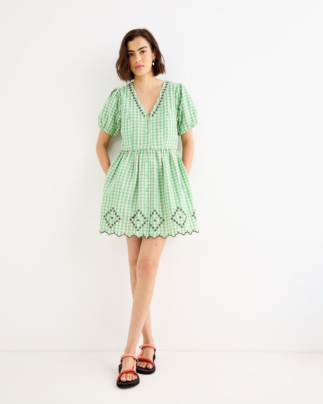 Oliver Bonas Green & Cream Gingham Embroidered V-neck Mini Dress, Size 10