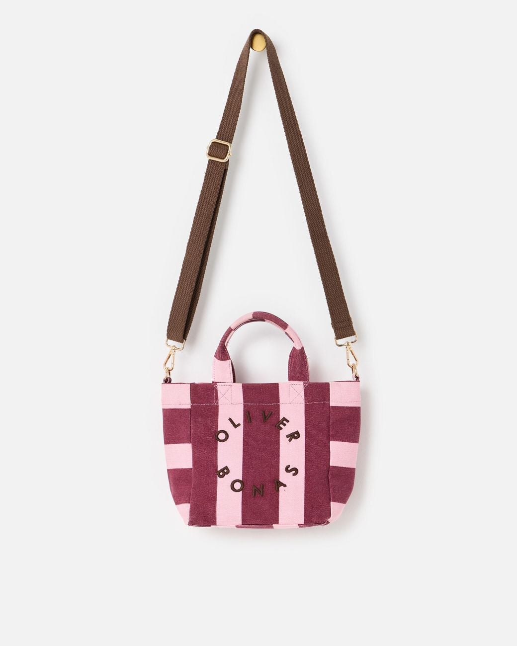 Oliver Bonas Burgundy & Pink Striped Logo Fabric Mini Tote Crossbody Bag