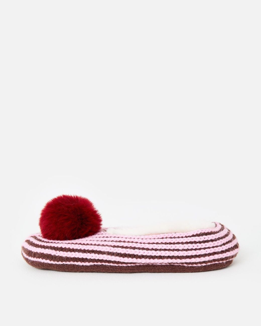 Oliver Bonas Red Pink & Brown Striped Knitted Pom Pom Slippers