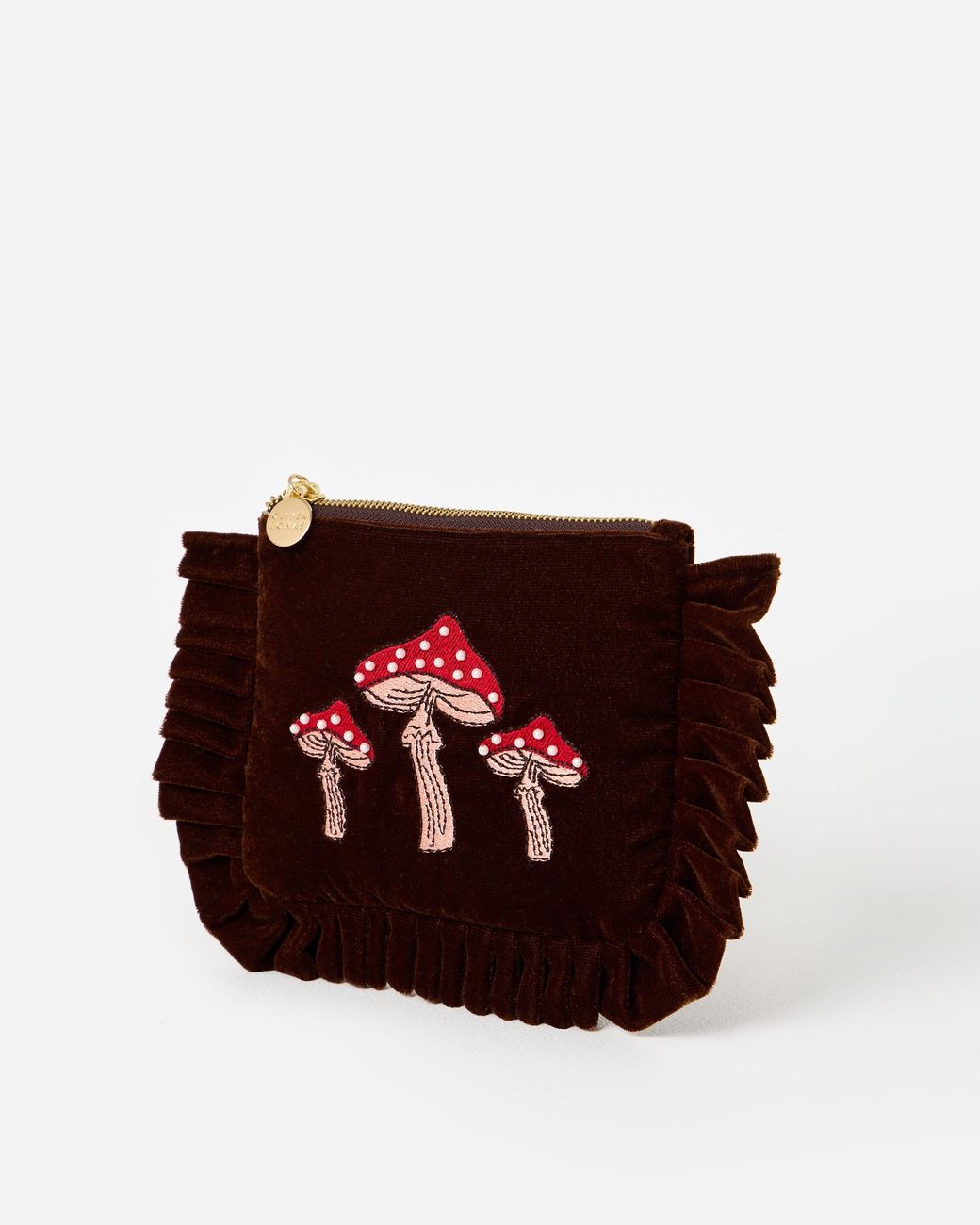 Oliver Bonas Red Chocolate Brown Velvet Mushroom Zipped Pouch