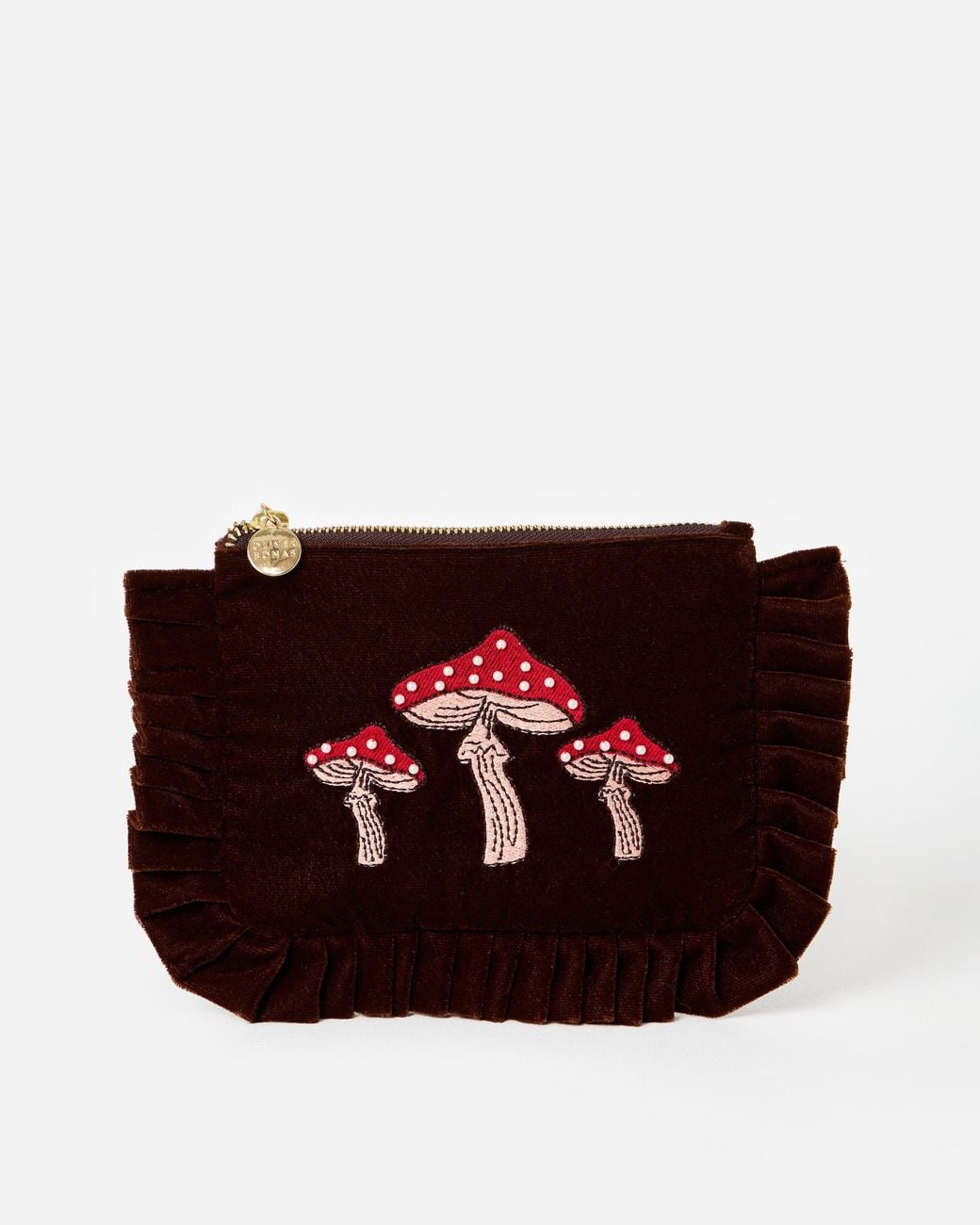 Oliver Bonas Red Chocolate Brown Velvet Mushroom Zipped Pouch