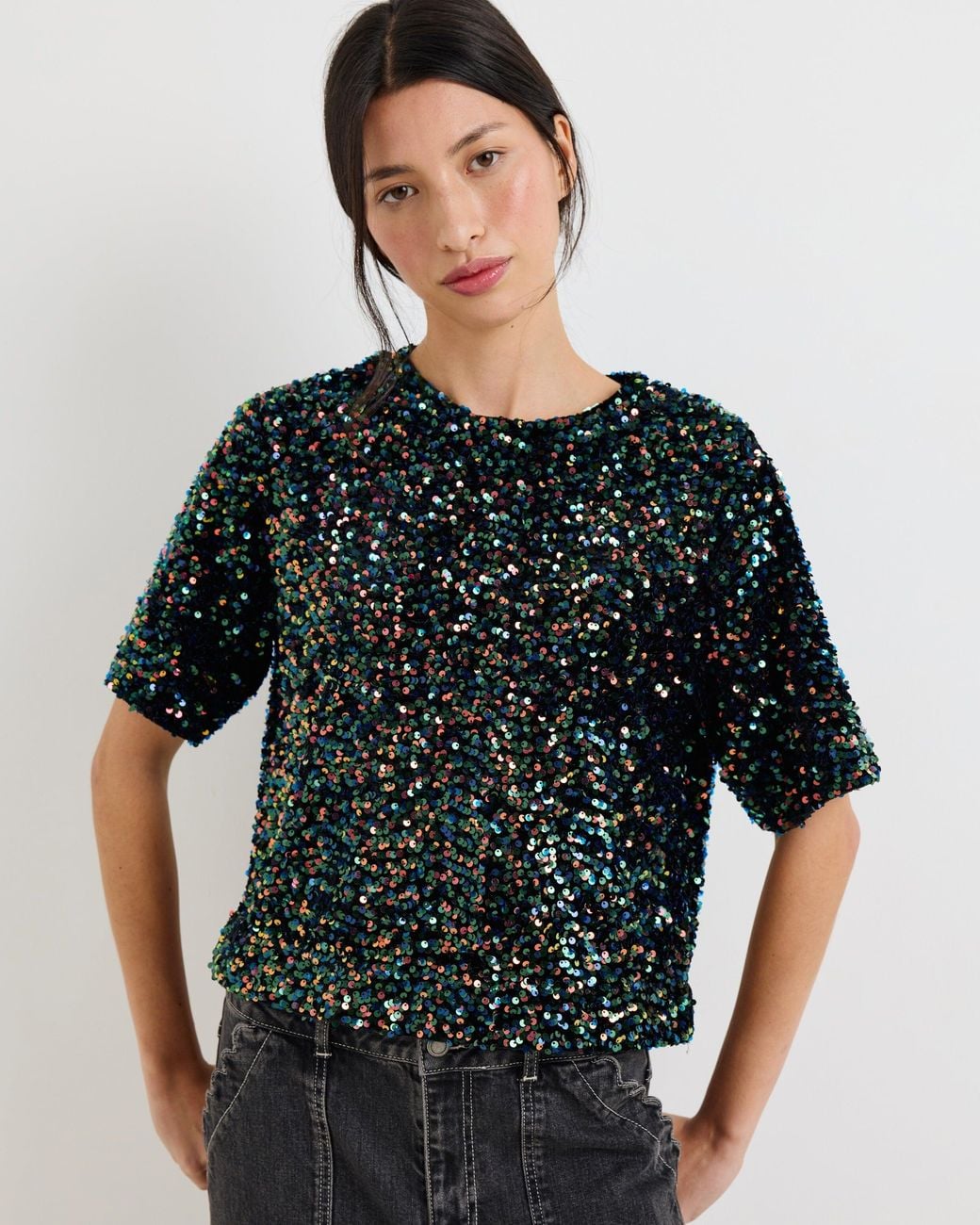 Oliver Bonas Black Iridescent Sequin T-shirt, Size 16