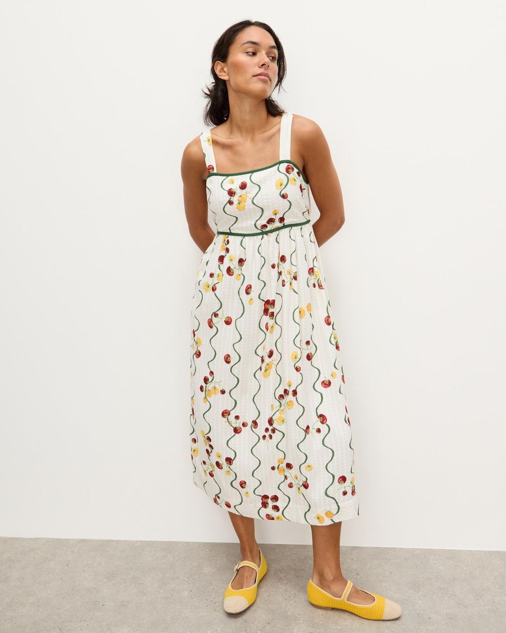 Oliver Bonas Green Striped Tomato Print Strappy Midi Dress, Size