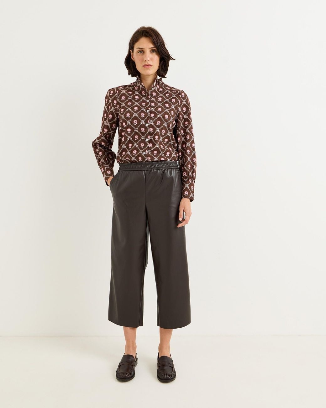 Oliver Bonas Natural Chocolate Faux Leather Cropped Wide Leg Trousers, Size 10