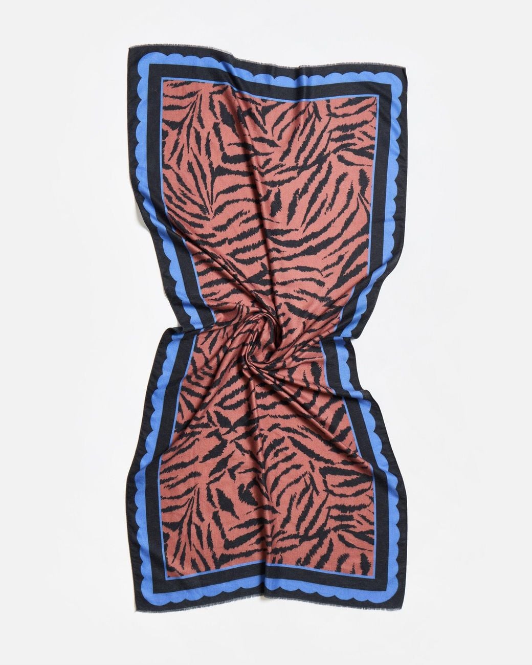 Oliver Bonas White Brown & Blue Tiger Print Knitted Scarf