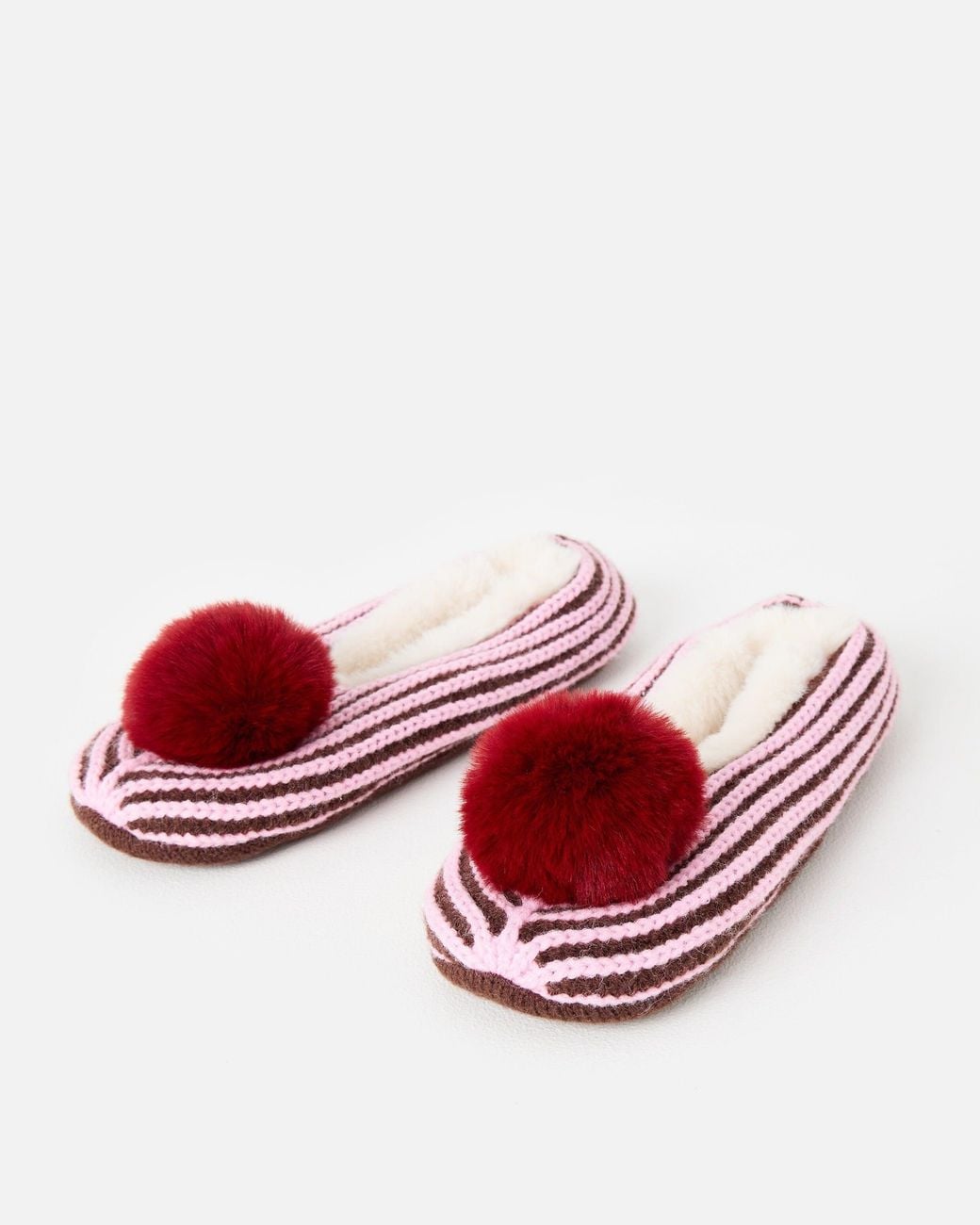 Oliver Bonas Red Pink & Brown Striped Knitted Pom Pom Slippers
