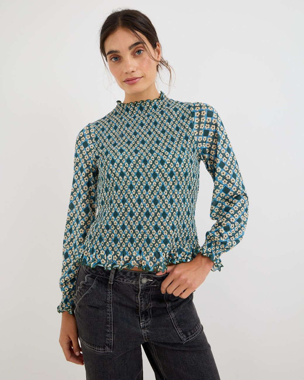 Oliver Bonas & Blue Floral Geometric Shirred Mesh Top, Size 12