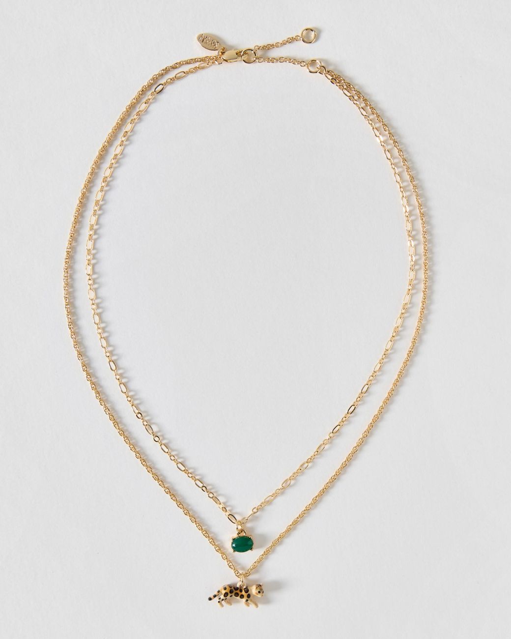 Oliver Bonas Metallic Leesa Leopard Charm & Green Stud Double Row Necklace