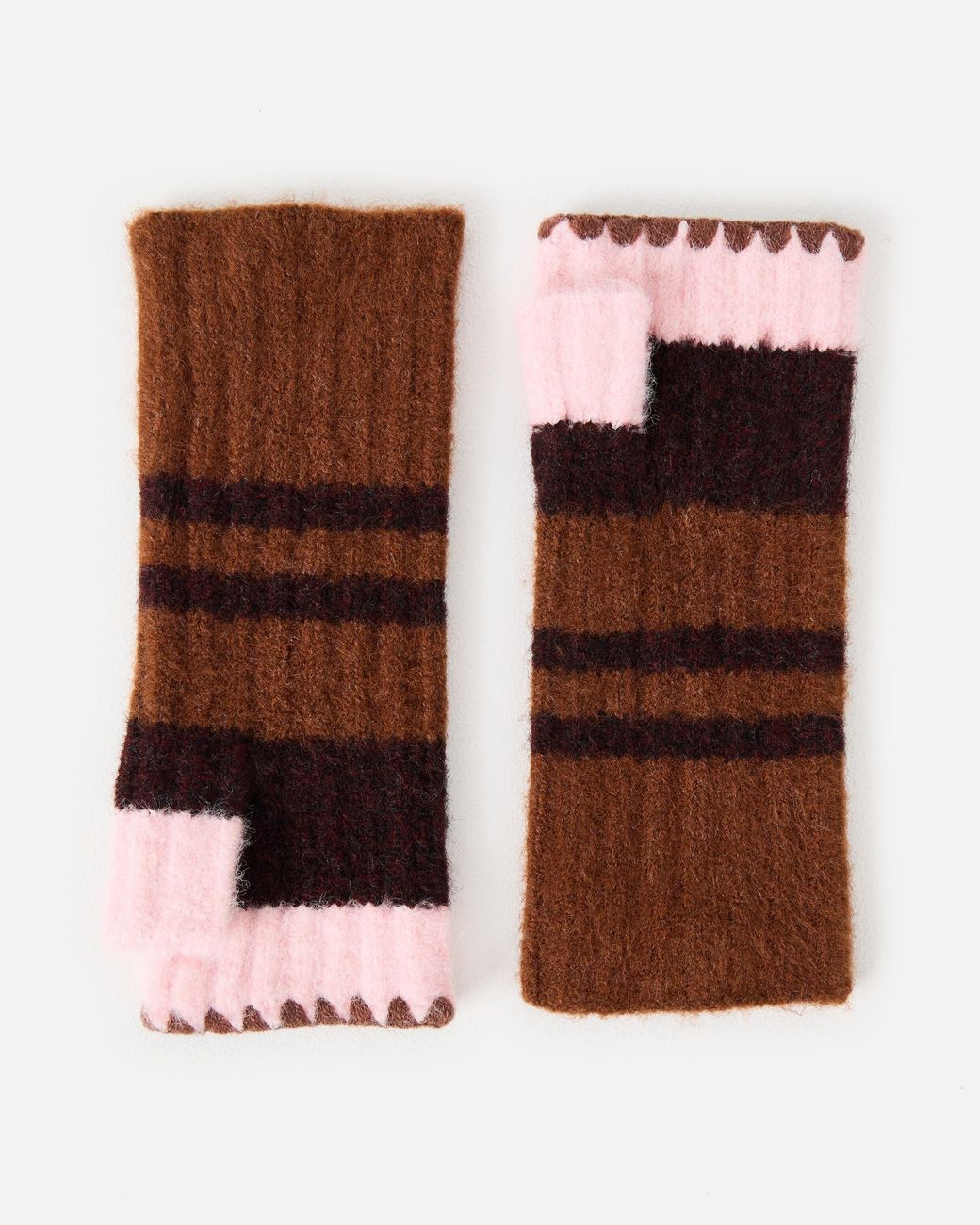 Oliver Bonas Brown Chocolate & Pink Striped Fingerless Gloves