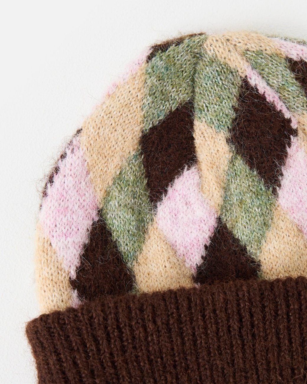 Oliver Bonas Brown & Green Geometric Print Knitted Beanie Hat