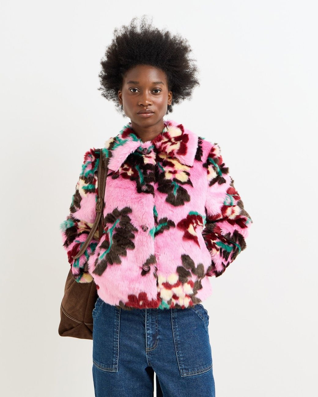 Oliver Bonas Red & Burgundy Floral Faux Fur Coat, Size 10