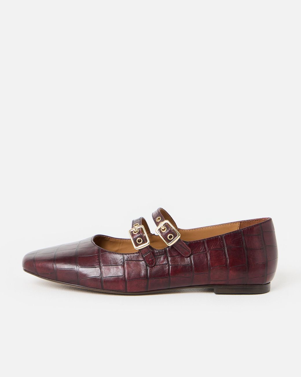 Oliver Bonas Brown Double Buckle Croc-effect Leather Mary Janes, Size 3