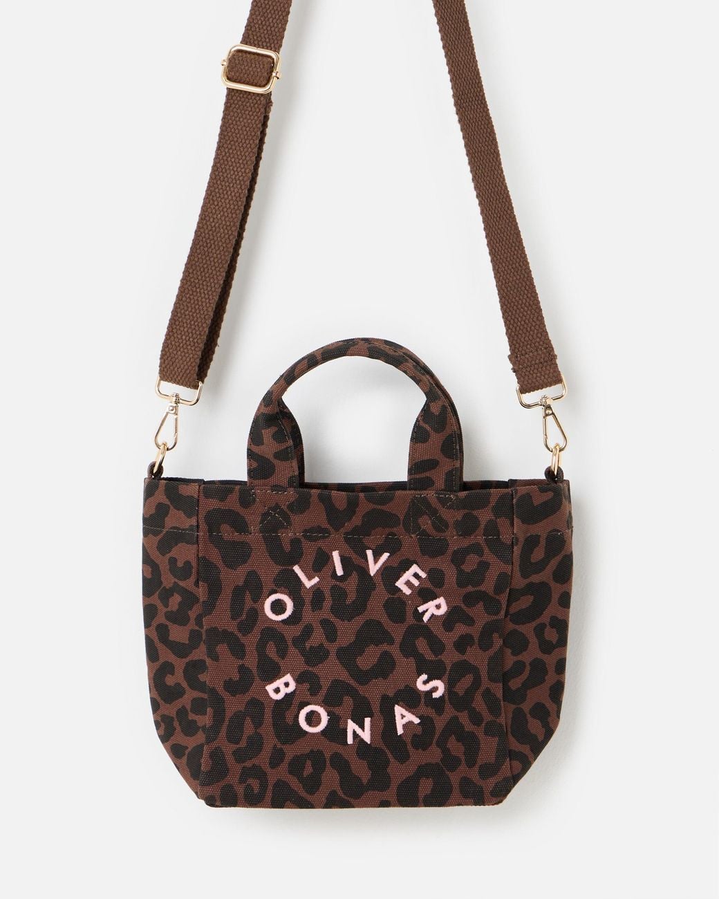 Oliver Bonas White Leopard Print Logo Fabric Mini Tote Crossbody Bag