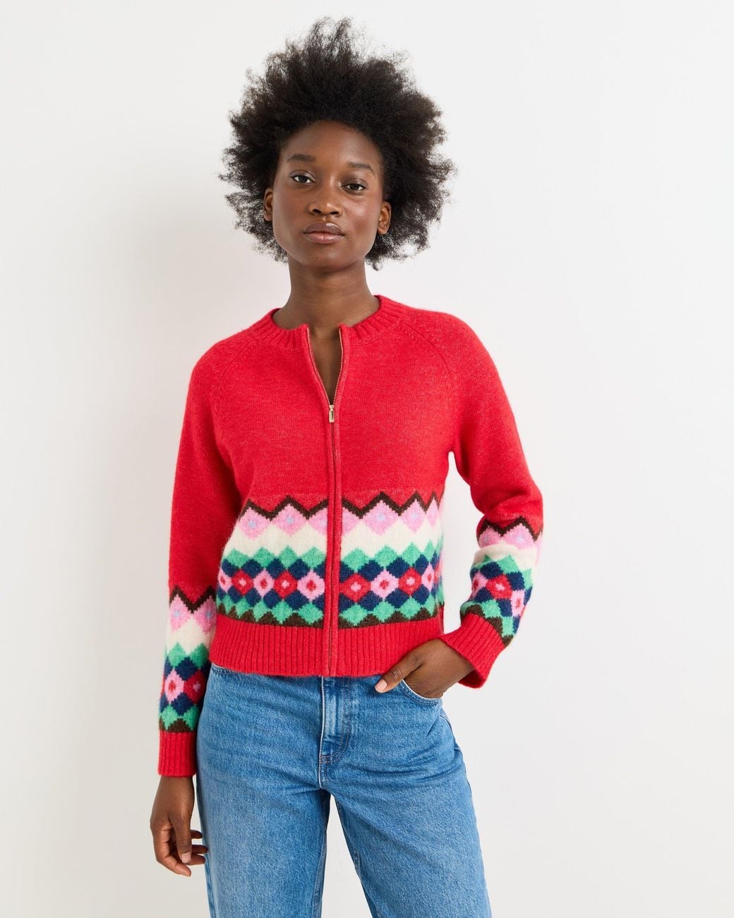 Oliver Bonas Red Geometric Zip Up Knitted Cardigan, Size 10