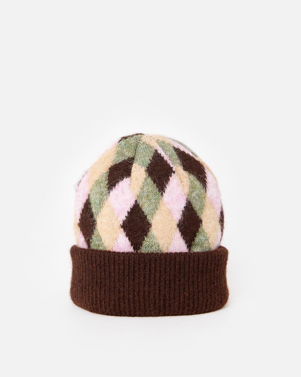 Oliver Bonas Brown & Green Geometric Print Knitted Beanie Hat