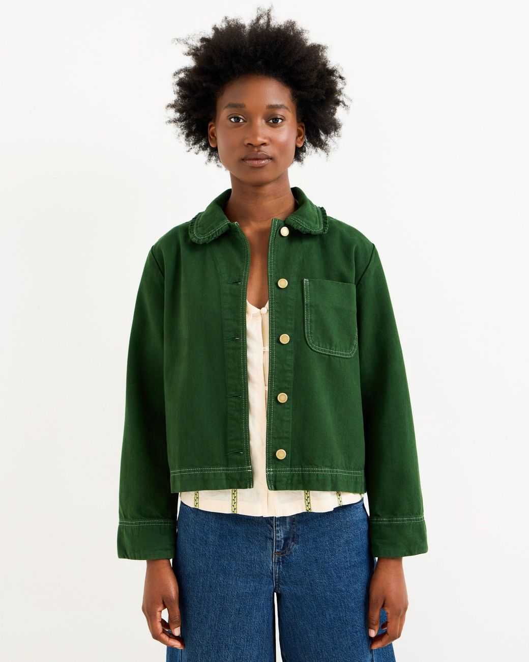 Oliver Bonas Green Dark Frill Collar Denim Jacket, Size 18
