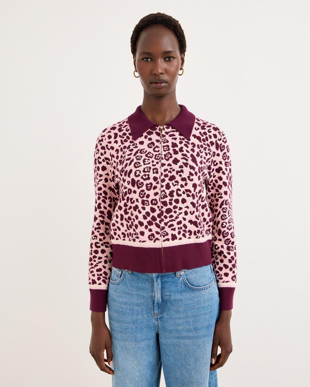 Oliver Bonas Red Burgundy & Animal Print Zip Up Knitted Bomber Jacket, Size 12
