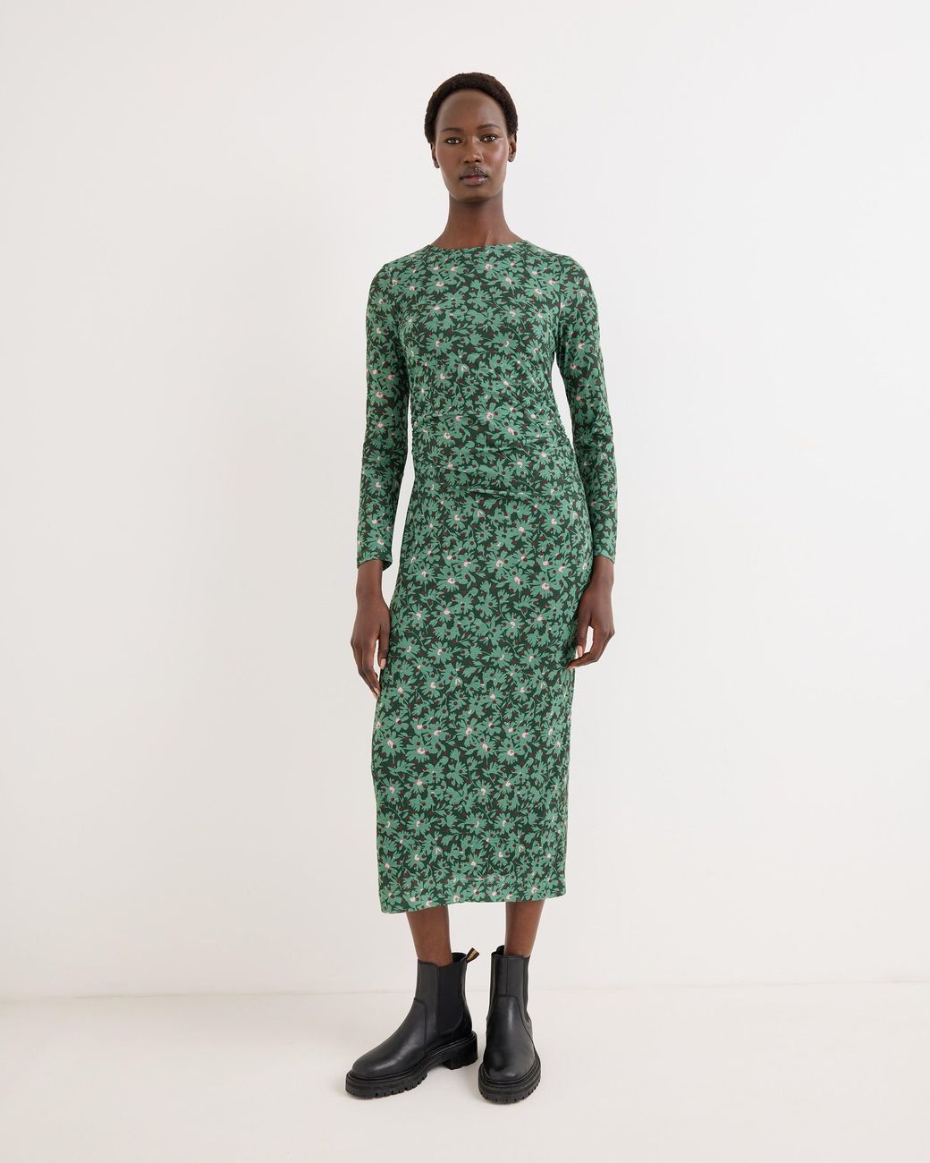 Oliver Bonas Green Floral Ruched Mesh Midi Dress, Size 10