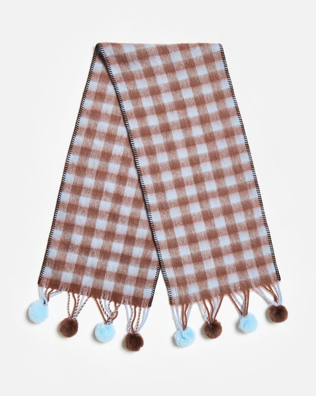 Oliver Bonas White Blue & Checked Pom Pom Scarf