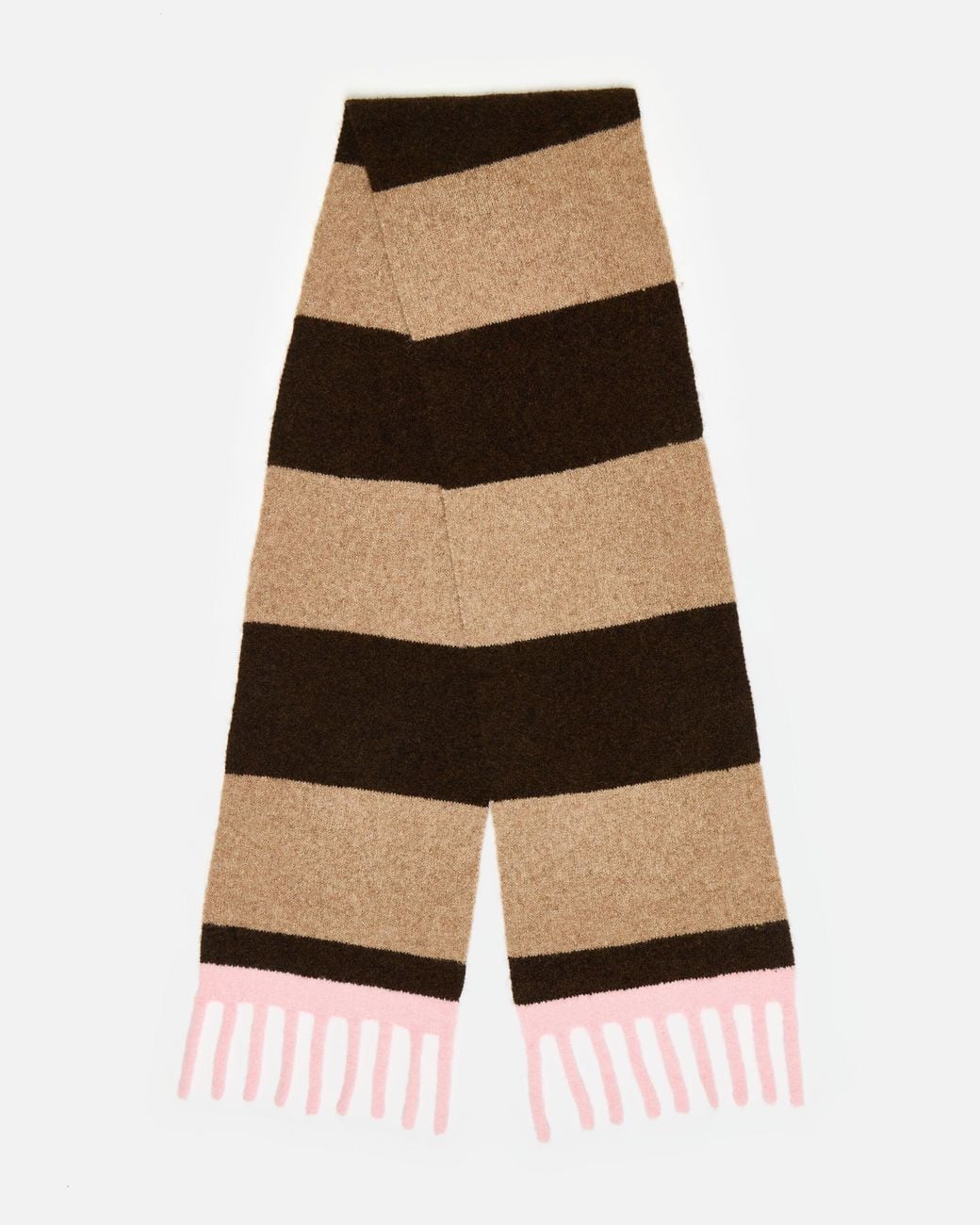 Oliver Bonas Brown Striped & Pink Tassel Trim Knitted Scarf