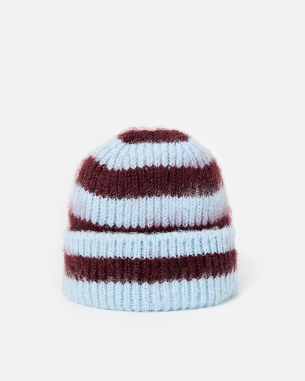 Oliver Bonas White Blue & Burgundy Striped Fluffy Knitted Beanie Hat