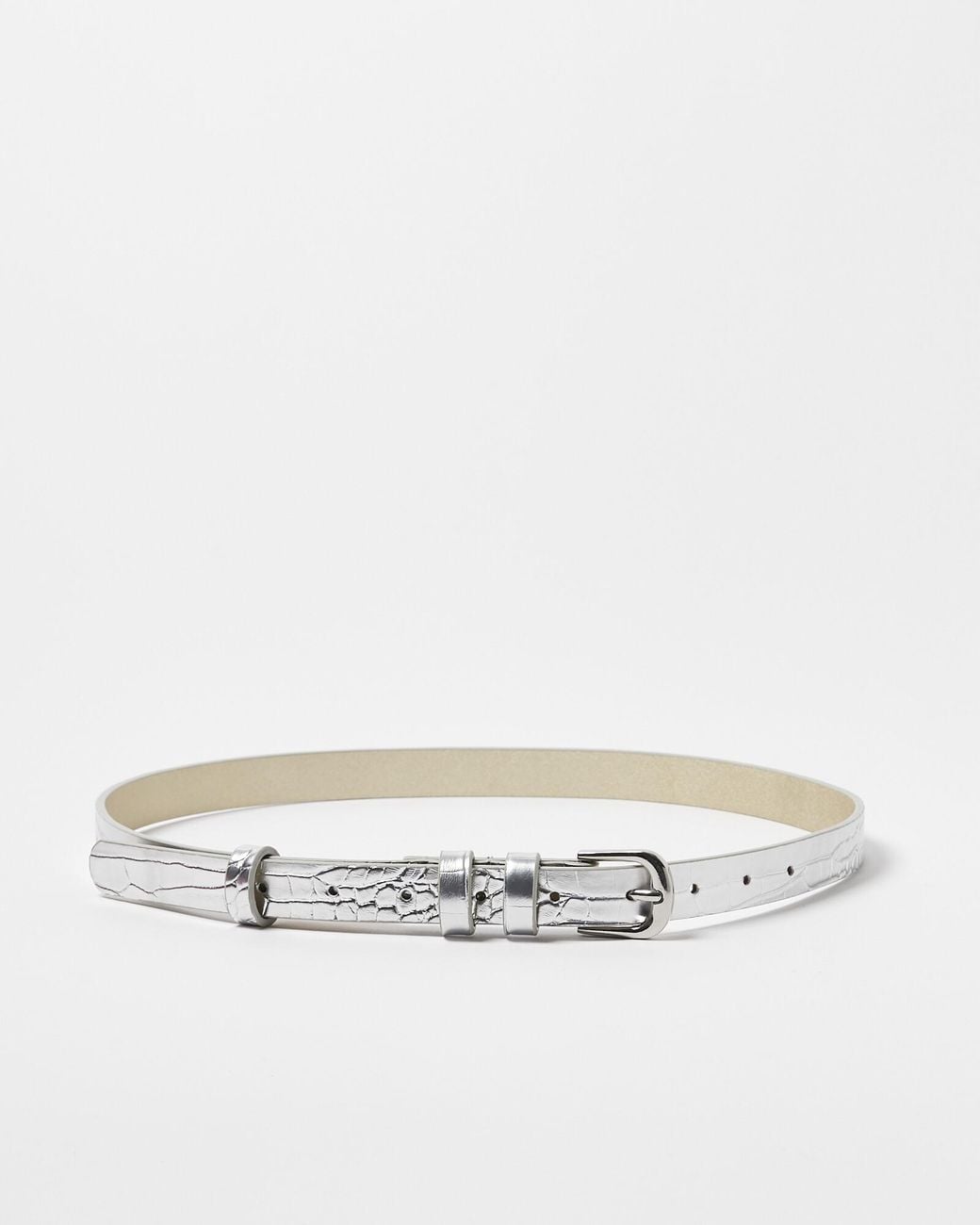 Oliver Bonas White Faux Croc Silver Jeans Belt, Size Small
