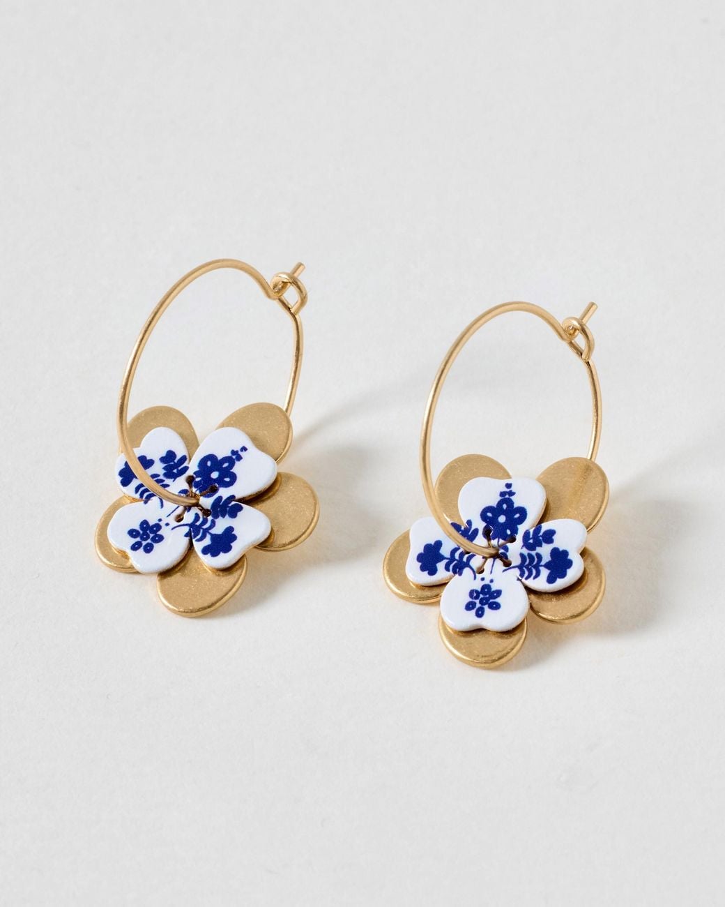 Oliver Bonas Blue Jolie Floral & Gold Tone Flower Charm Hoop Earrings