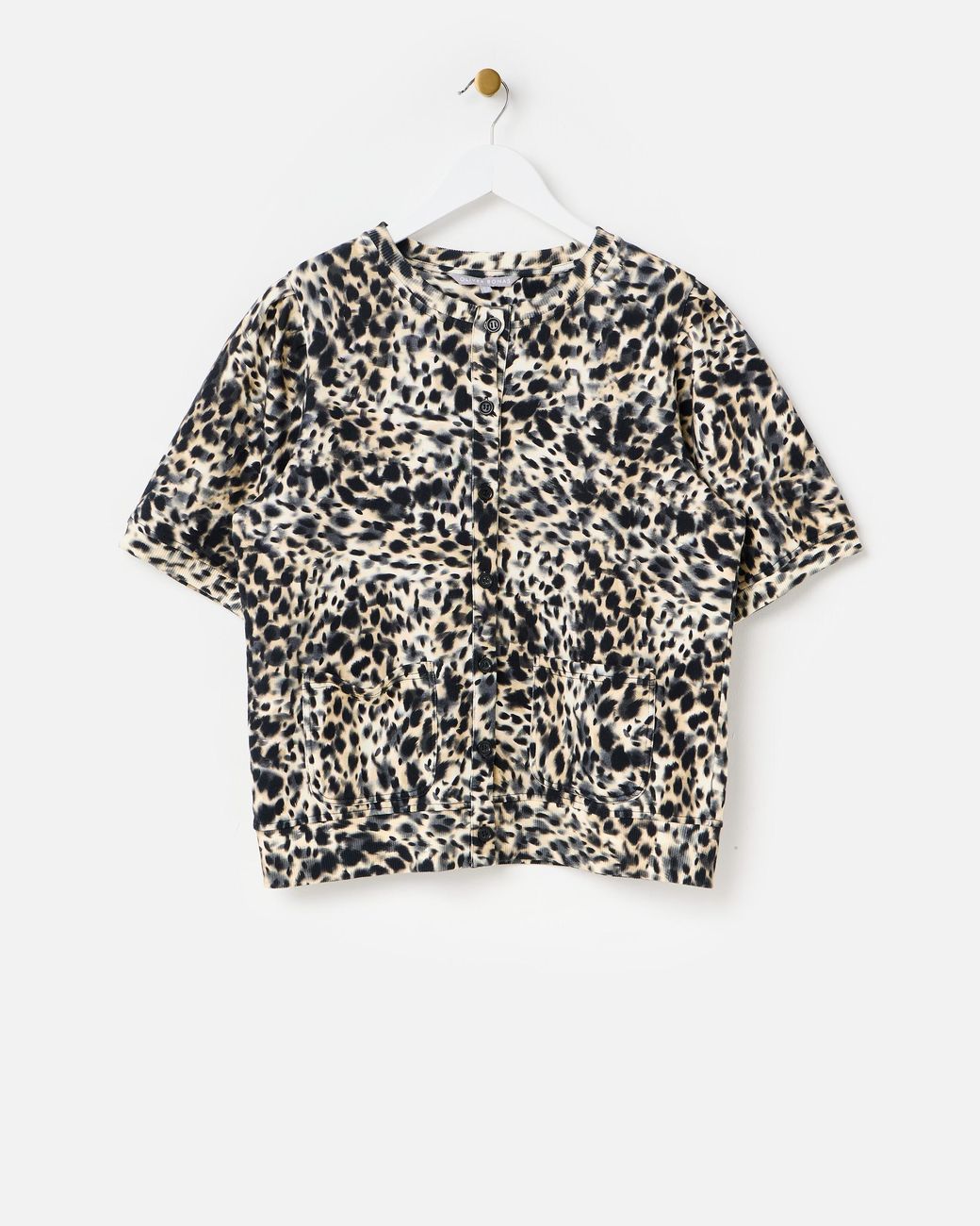 Oliver Bonas Natural Leopard Print Button Up Short Sleeve Sweatshirt, Size 10
