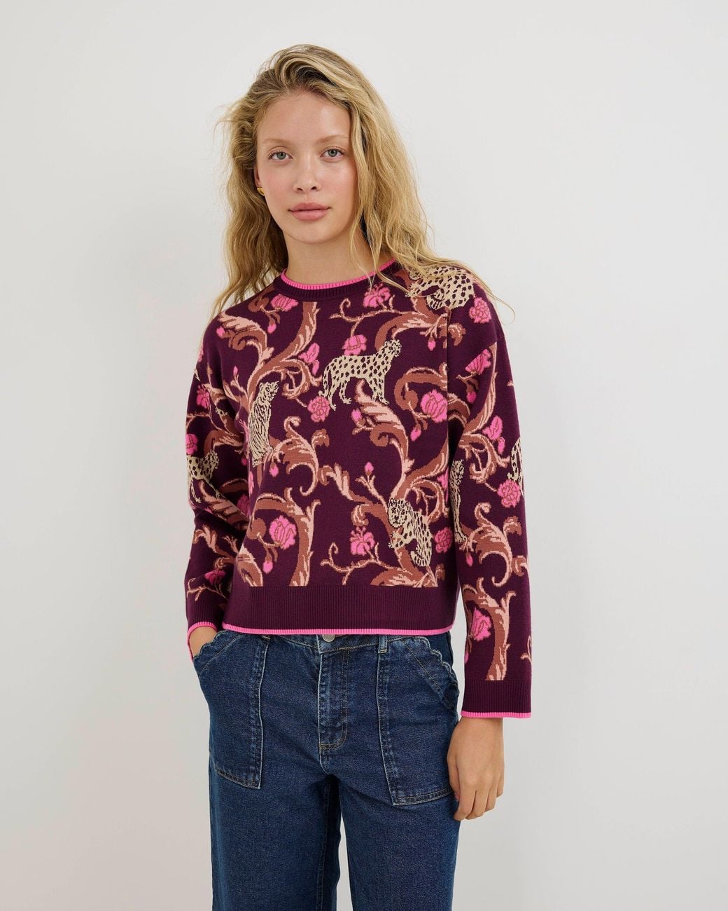 Oliver Bonas Red Leopard Floral Knitted Jumper, Size 14