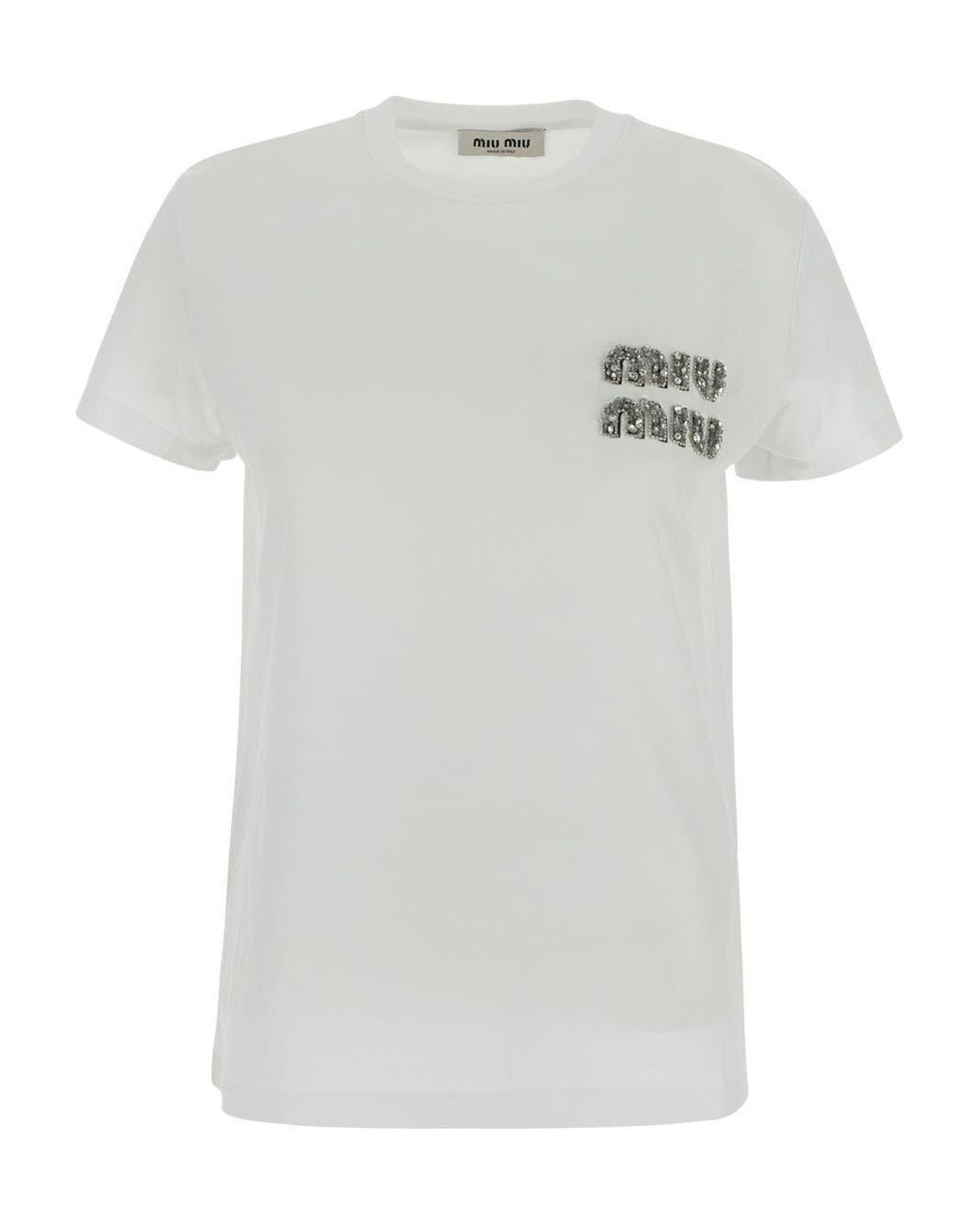 Miu Miu Logo Rhinestones White T-shirt | Lyst Miu Miu Logo Rhinestones White T-shirt | Lyst