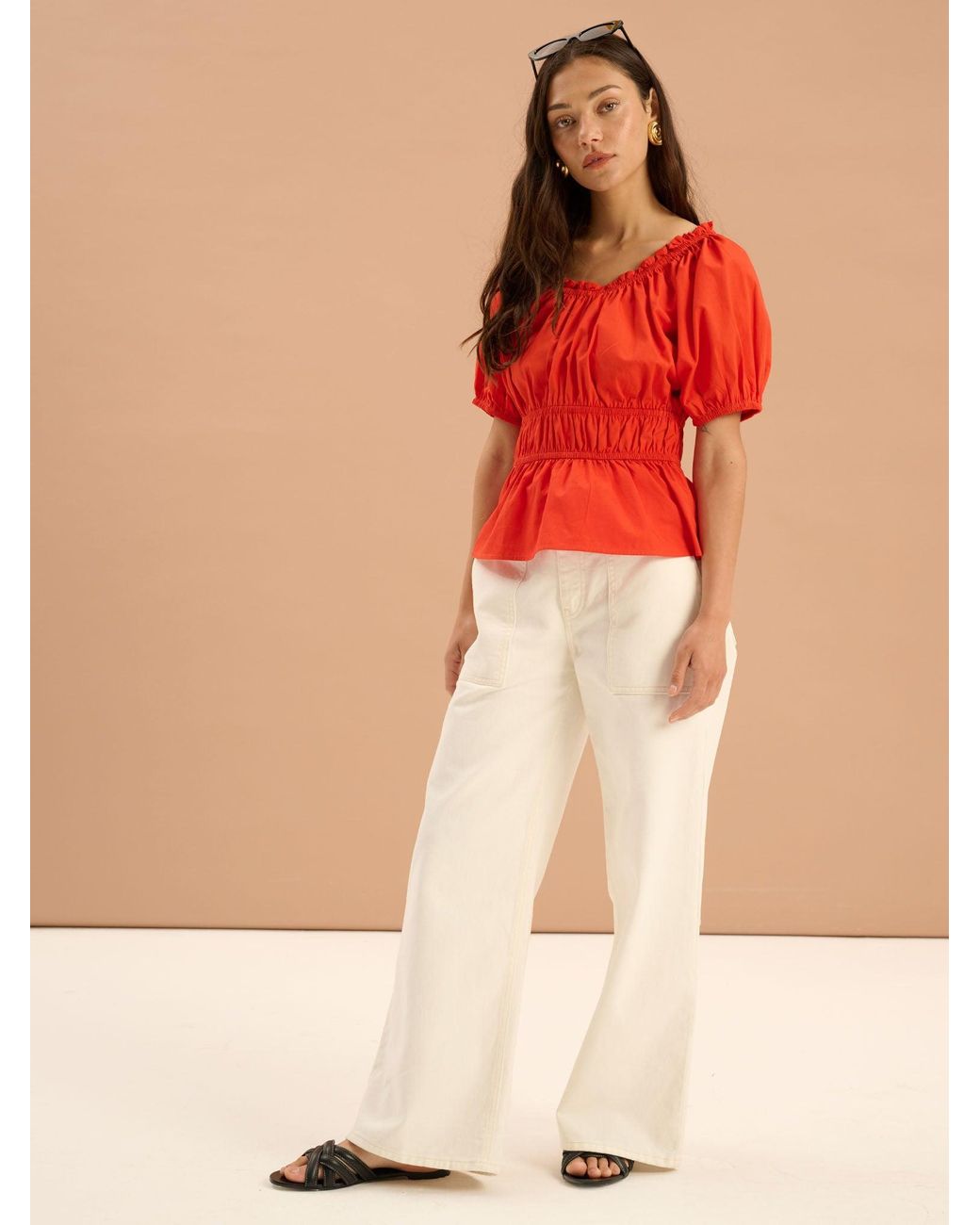 OMNES Orange Ola Shirred Detail Short Sleeve Top