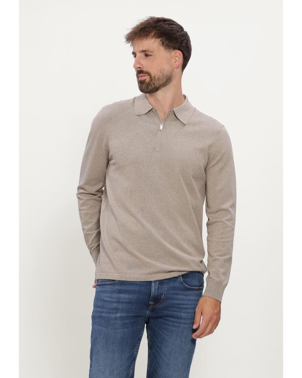 Profuomo Herren Pullover & Cardigans Polo Half Zip Ls Luxury Basic in Natural für Herren