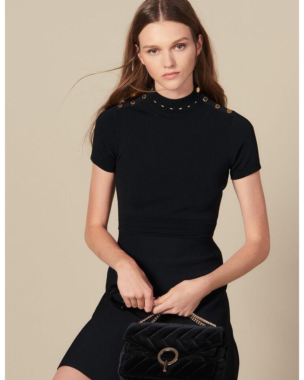 Sandro Synthetic Knit Dress With High Neck in Black Lyst