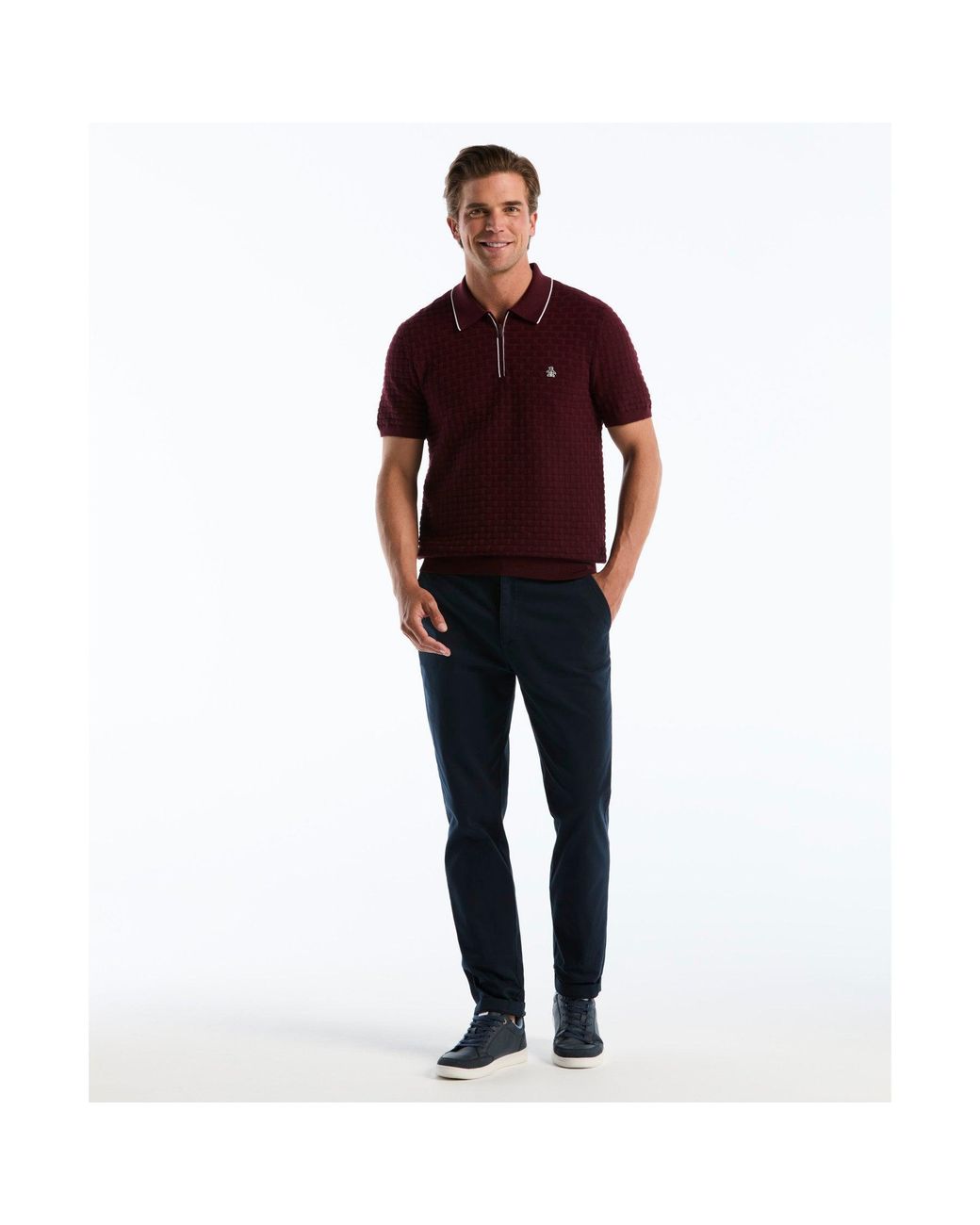 Original Penguin Red Links Stitch Quarter Zip Sweater Polo In Port Royale for men