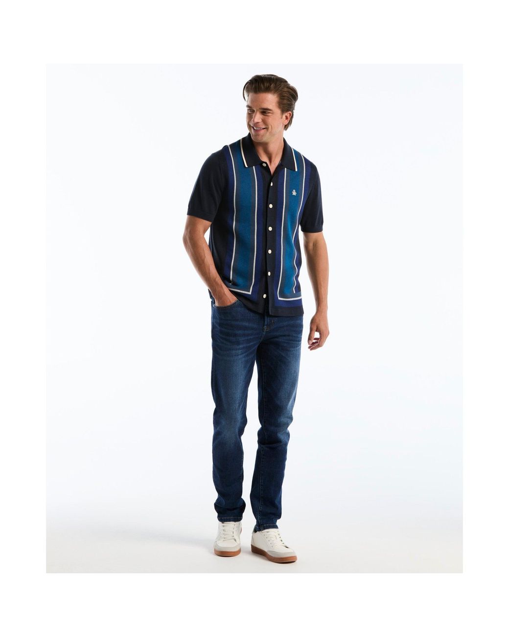 Original Penguin Blue Jacquard Blend Button-up Sweater Polo In Dark Sapphire for men