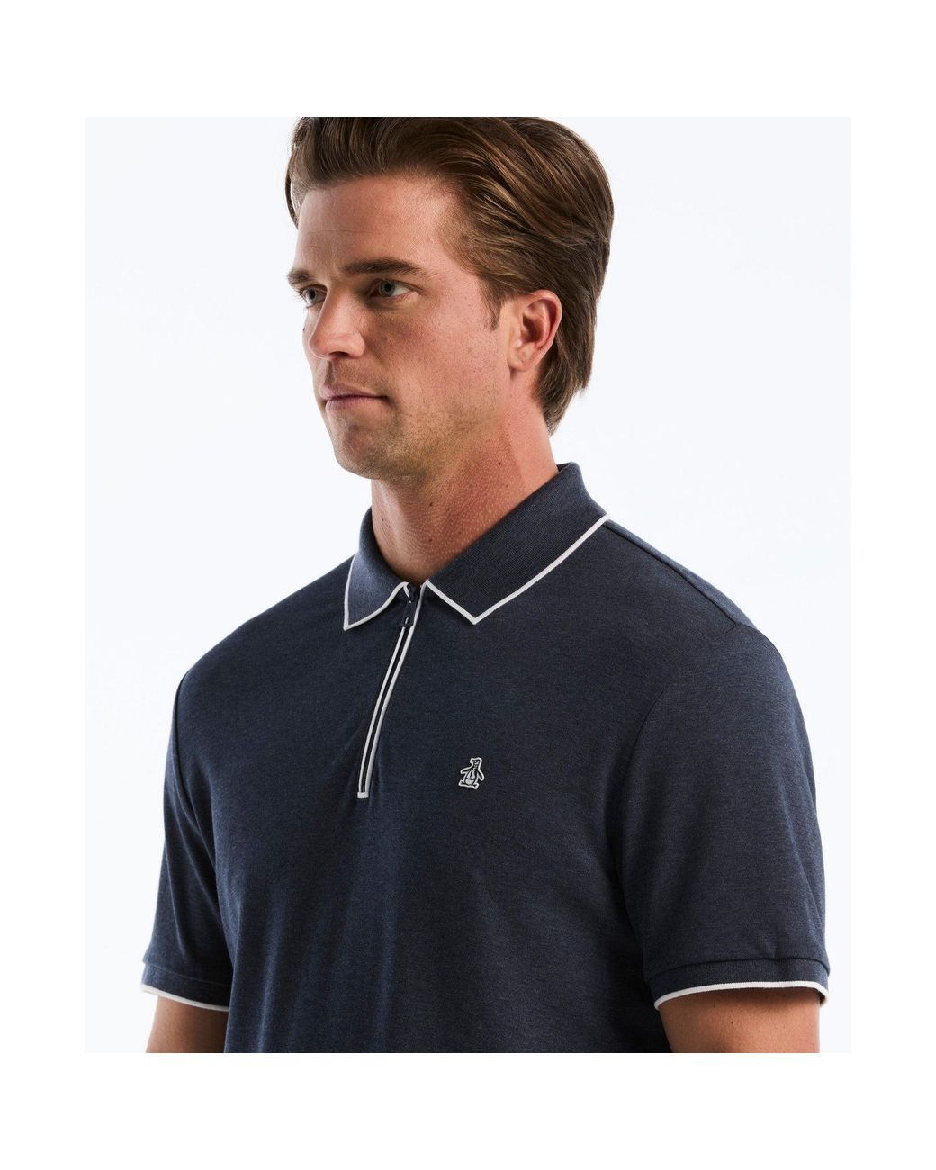 Original Penguin Blue Interlock 1/4 Zip Tipped Polo In Dark Sapphire Heather for men