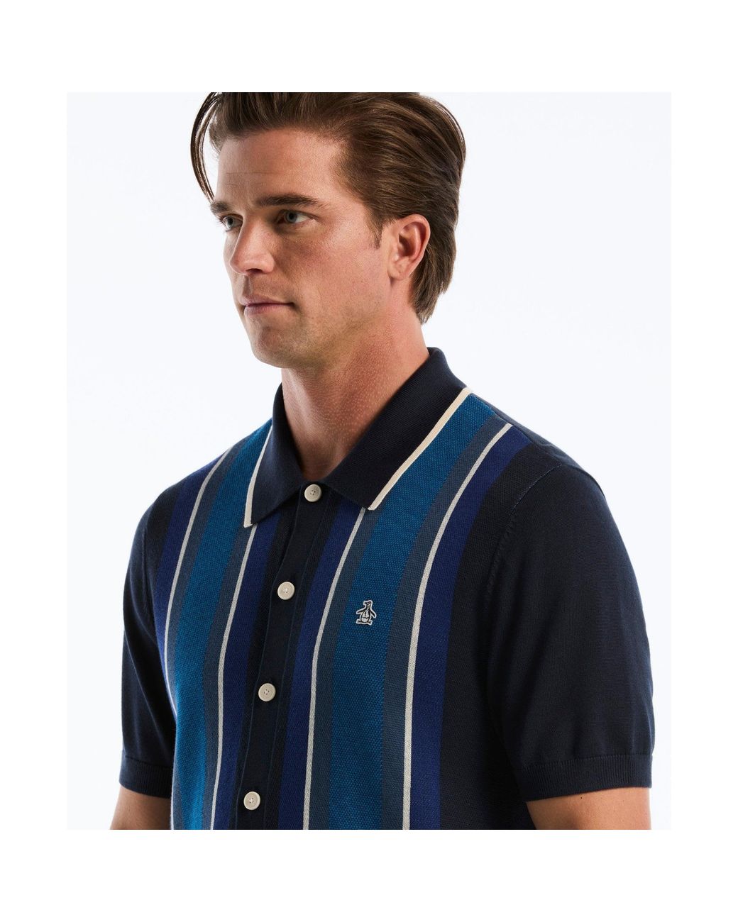 Original Penguin Blue Jacquard Blend Button-up Sweater Polo In Dark Sapphire for men