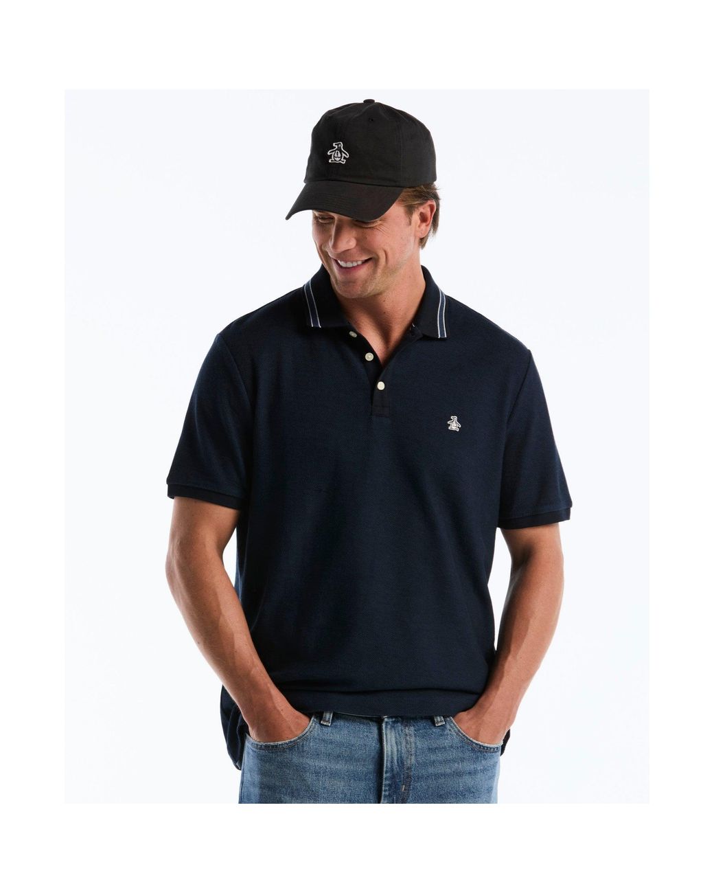 Original Penguin Blue Honeycomb Jacquard Tipped Polo In Dark Sapphire for men